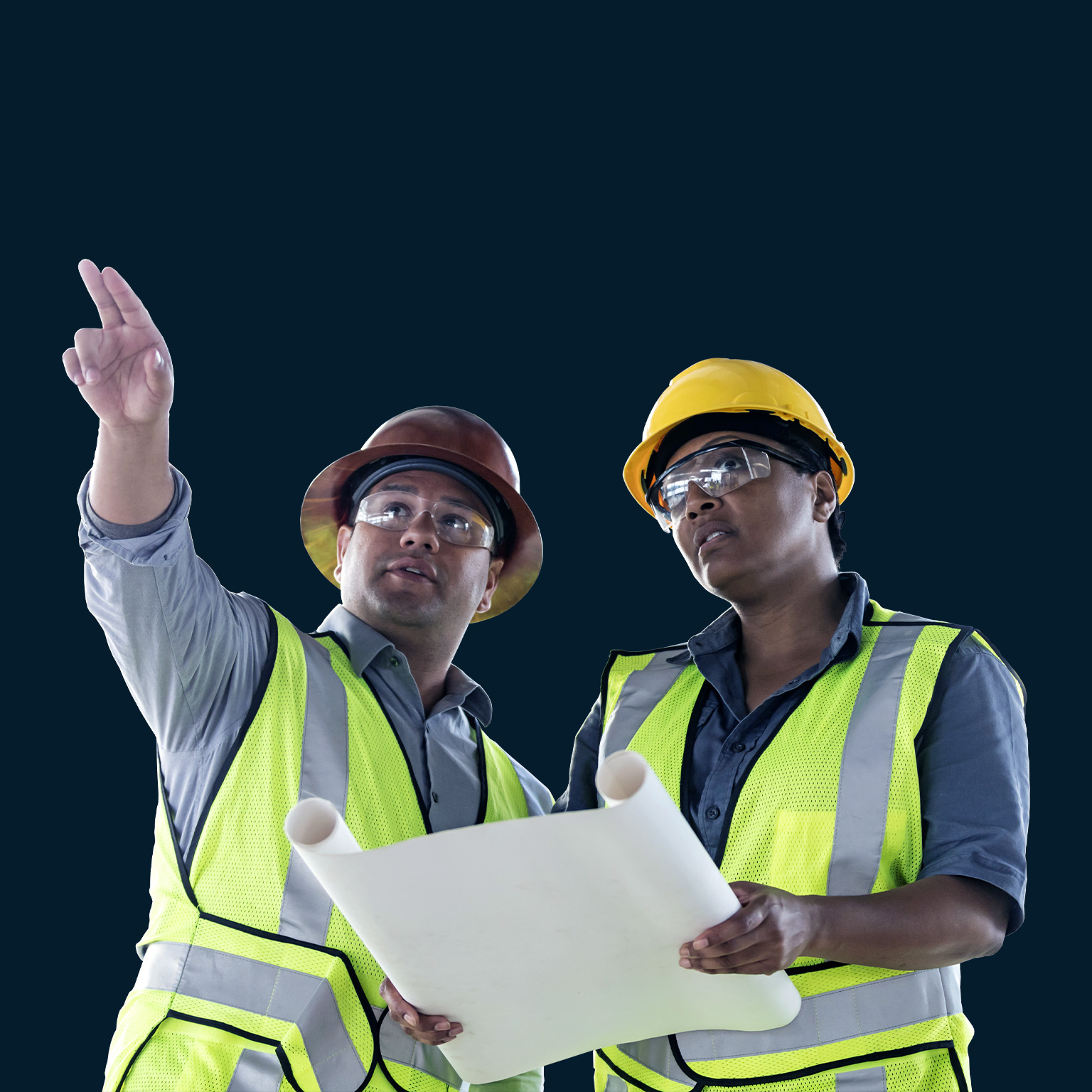  Image of a Latino man and woman construction workers looking and pointing up and away while discussion floor plans.