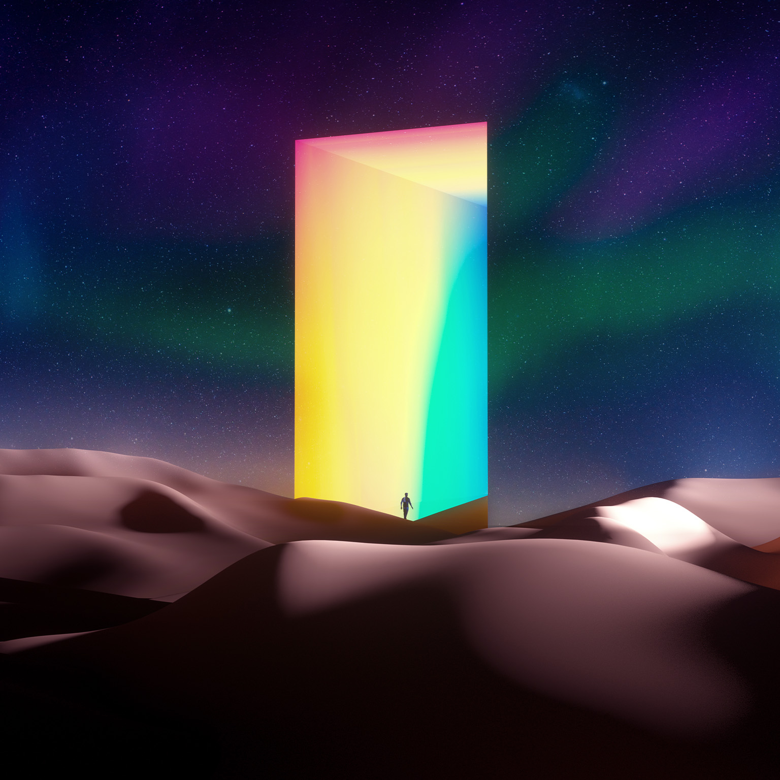 Digital generated image of multi colored portal gate opening night sky. Metaverse concept.