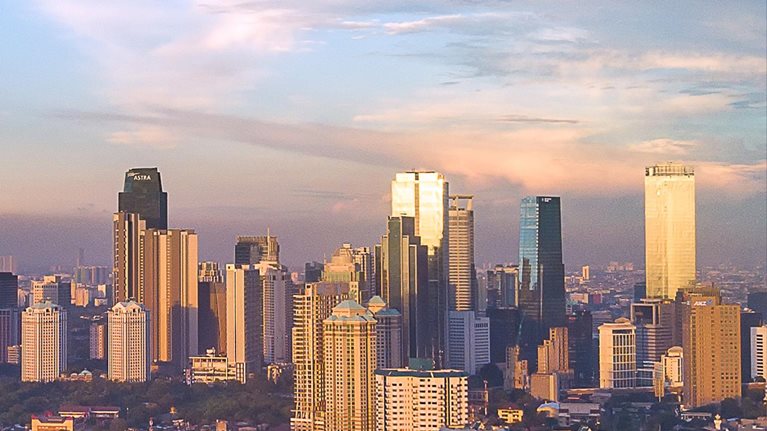 Jakarta, capital city of Indonesia during blue hour with iconic buildings