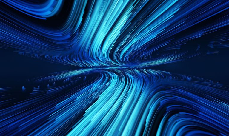 The image shows an abstract digital background with curved, glowing electric blue light streaks resembling motion trails or fiber optic data streams.