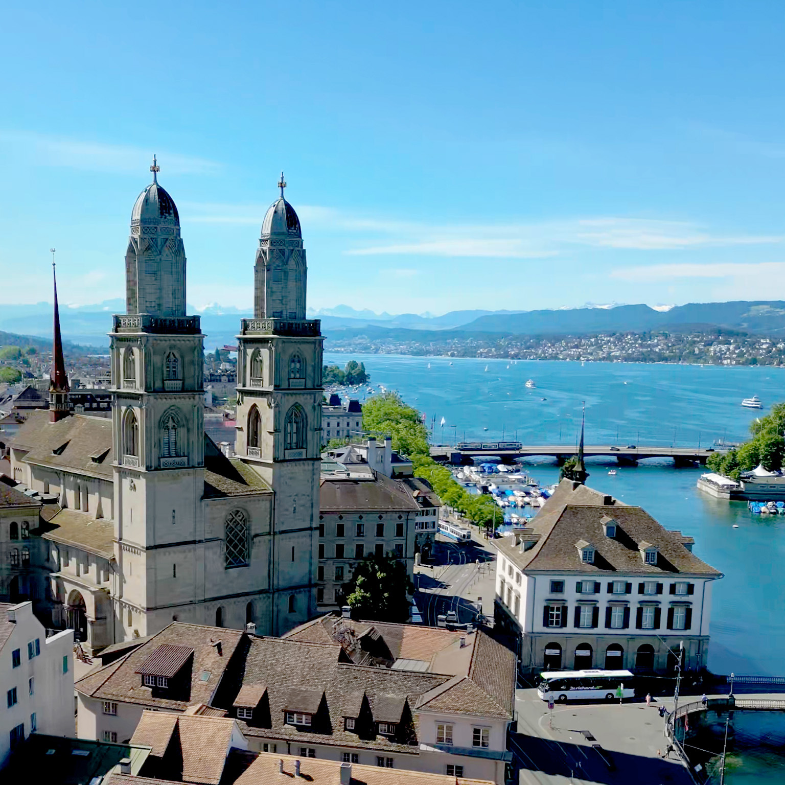 Aerial view of Zurich, Switzerland, with the Grossmünster cathedral and Lake Zurich