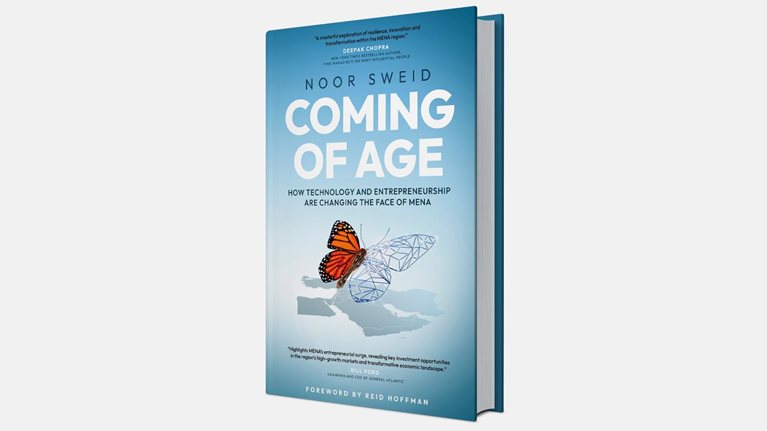 A book titled "Coming of Age" by Noor Sweid. On the cover, you can see a stylized butterfly with one side resembling a monarch butterfly and the other side transformed into basic lines. This insect is overlaid on a map of the MENA region.