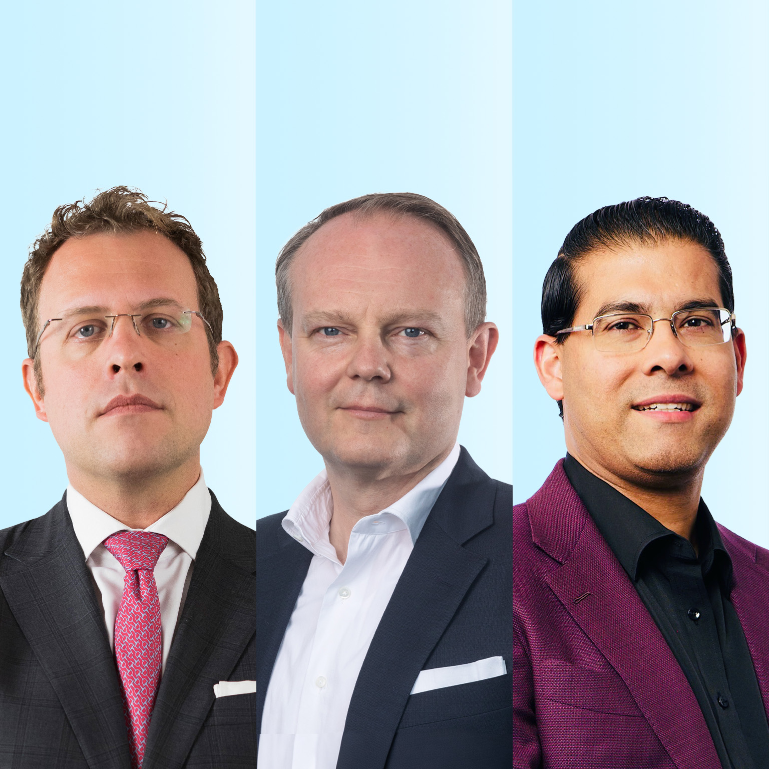 Professional headshots of Andrea Del Miglio, Klemens Hjartar, and Saptarshi Ganguly arranged side by side against a light blue background. The men are smiling lightly and dressed in business jackets and collard shirts.