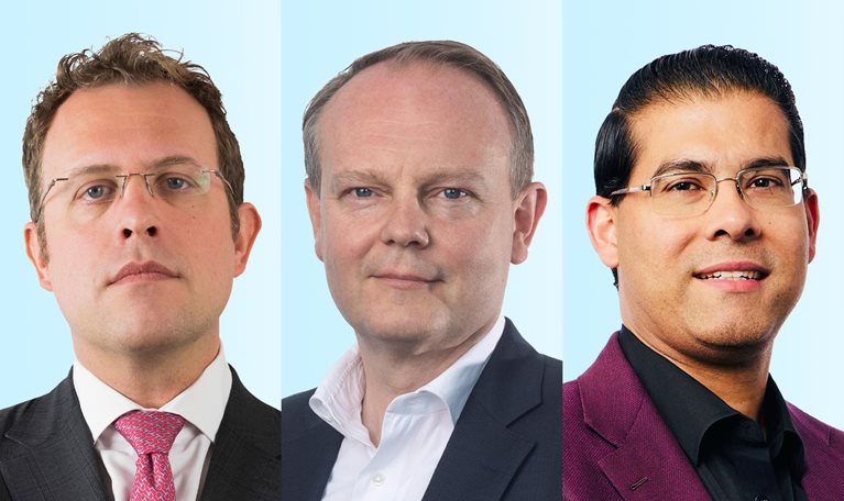Professional headshots of Andrea Del Miglio, Klemens Hjartar, and Saptarshi Ganguly arranged side by side against a light blue background. The men are smiling lightly and dressed in business jackets and collard shirts.