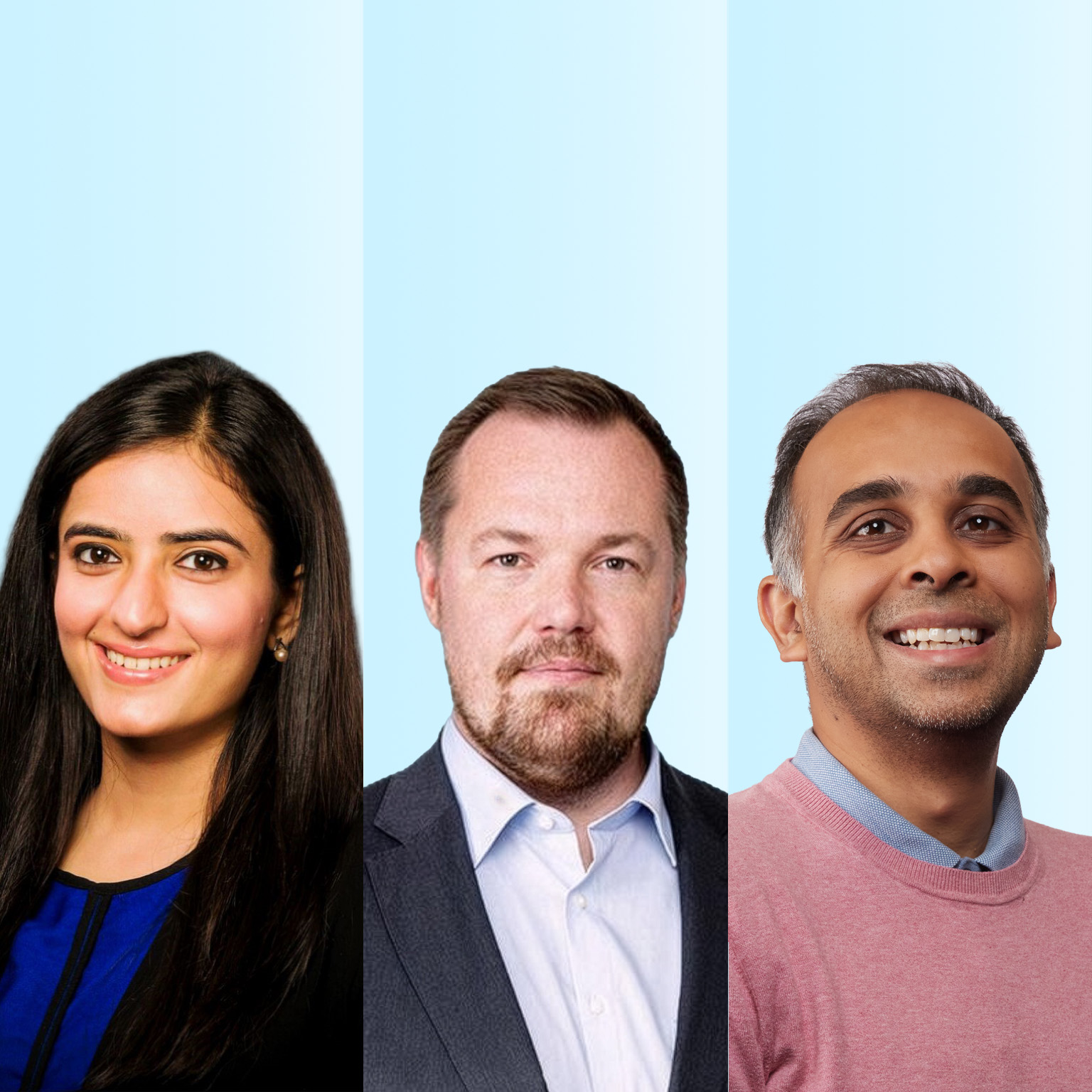 Three side-by-side headshots show Kaavini Takkar with long dark hair, a bearded Lari Hämäläinen in a suit jacket, and a Wasim Lala wearing a pink sweater, against a light blue background.