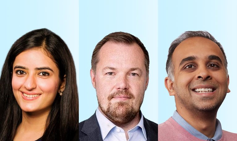 Three side-by-side headshots show Kaavini Takkar with long dark hair, a bearded Lari Hämäläinen in a suit jacket, and a Wasim Lala wearing a pink sweater, against a light blue background.