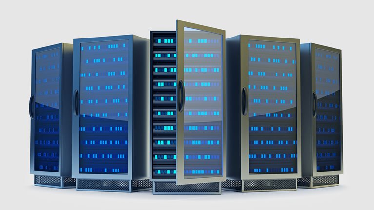 Five dark gray commercial server racks illuminated with blue lights. The central rack has its front door open, revealing the hardware inside.