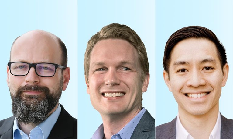 Three side-by-side headshots show Holger Hürtgen, Martin Harrysson, and Nick Robson wearing suit jackets against a light blue background.