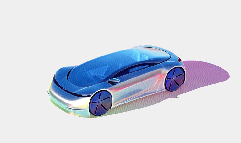 A sleek, metallic car with a glass rooftop is depicted in a 3D image against a gray backdrop, giving off a futuristic vibe.
