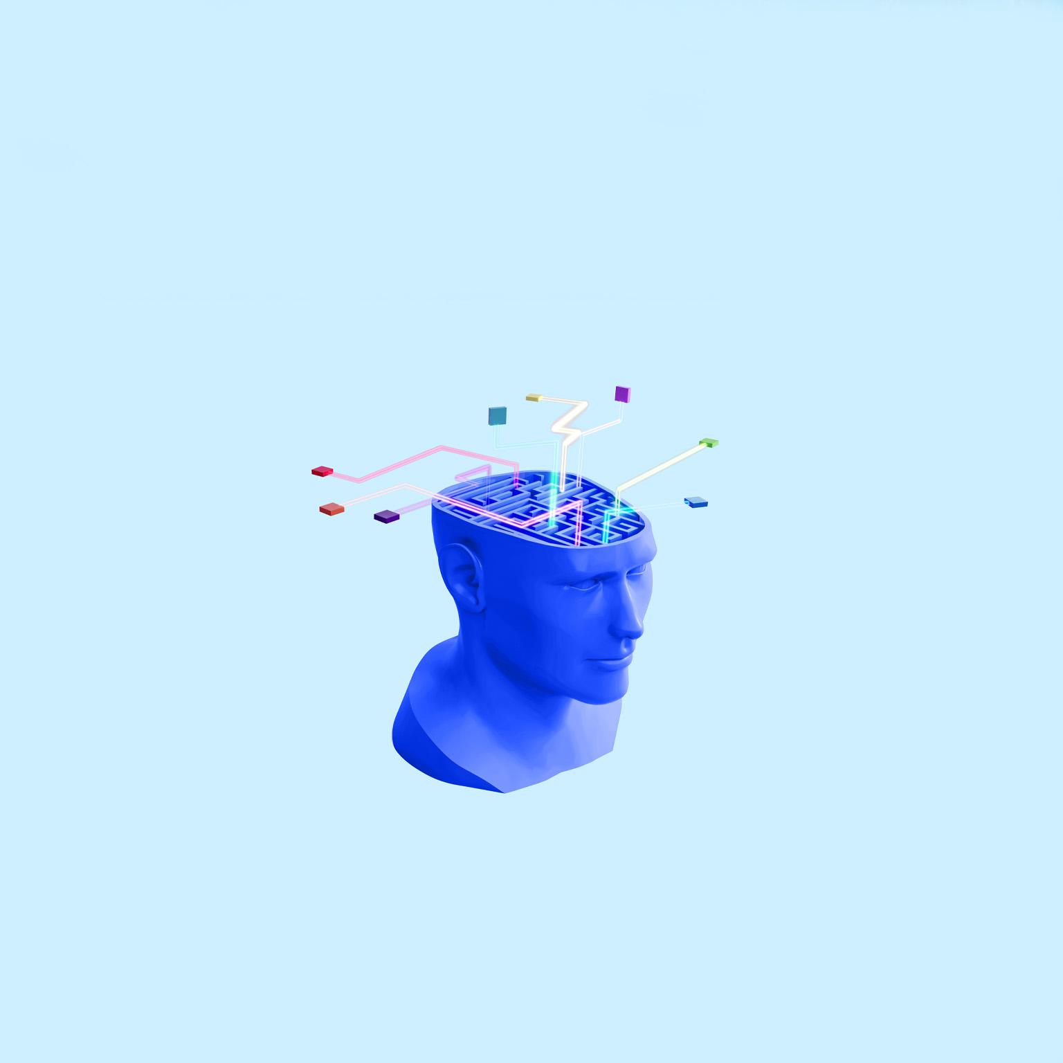 A blue, stylized human head with a maze inside its open cranium. Colorful lines extend from the maze's exits, suggesting complex problem-solving or the flow of information through a neural network. 