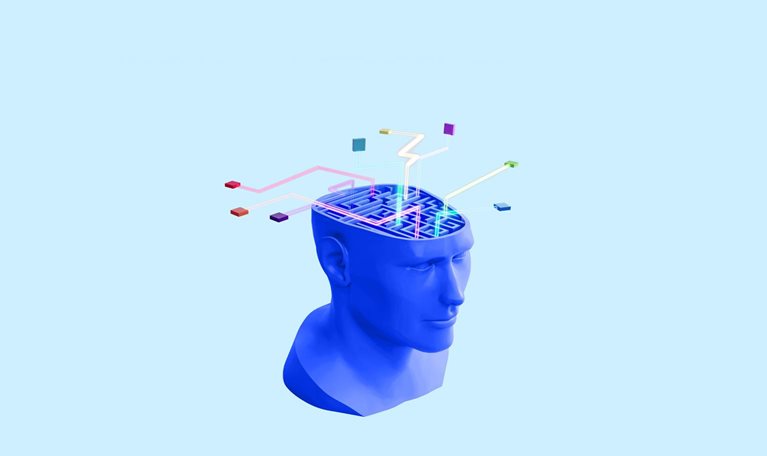 A blue, stylized human head with a maze inside its open cranium. Colorful lines extend from the maze's exits, suggesting complex problem-solving or the flow of information through a neural network.