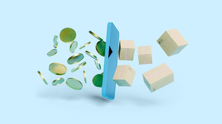 A blue cell phone floats in the middle of the frame while gold coins move towards it on the left side and cardboard shipping boxes move out from the right side. The scene is set against a light blue background.