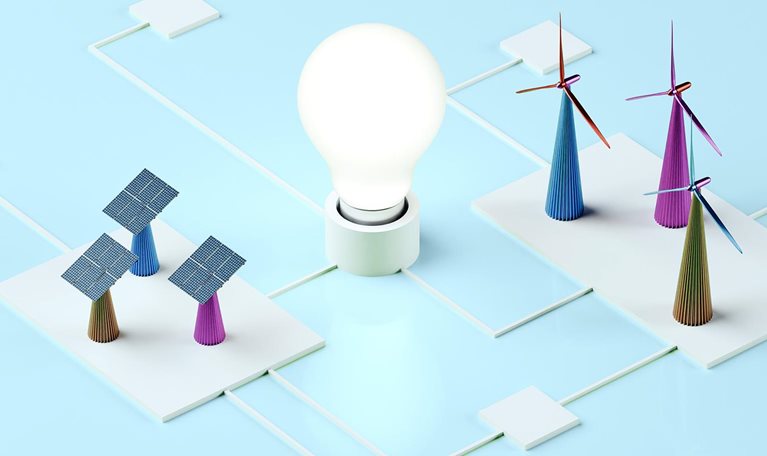 3D conceptual image of different elements contributing to a grid that is powering a lightbulb