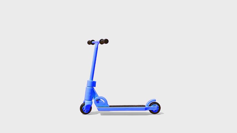 A bright blue scooter, set against a light-grey background.