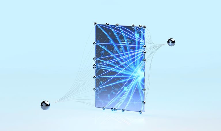 A 3D rendering of a translucent glass panel resembling a circuit board, with glowing blue lines representing data streams. Multiple metallic spheres are connected to the panel by thin lines, visually illustrating a network or interconnected system.