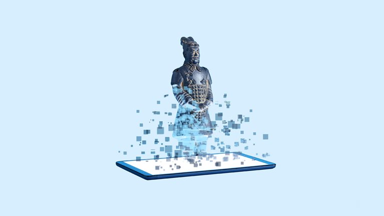 A terracotta soldier figurine emerging from a digital tablet. The soldier looks digitized at it's base but becomes a solid form at it's top.