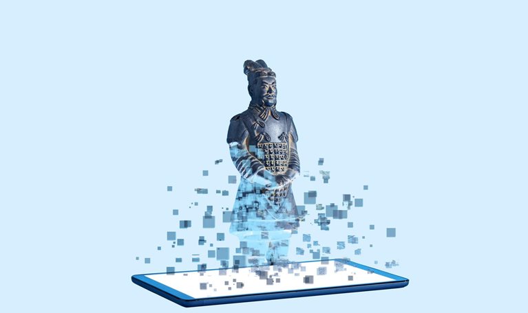 A terracotta soldier figurine emerging from a digital tablet. The soldier looks digitized at it's base but becomes a solid form at it's top.
