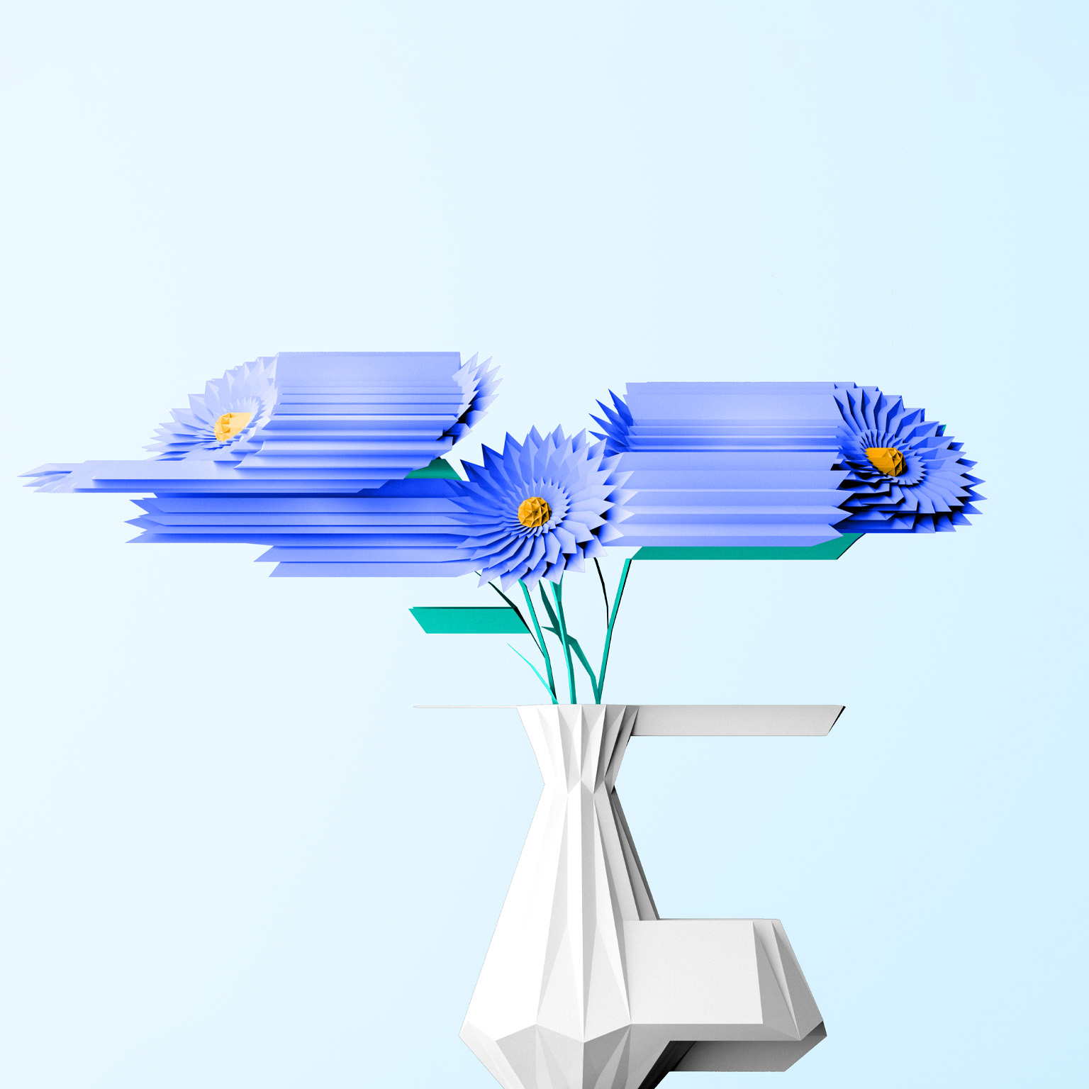 Three flowers in a vase made out of polygon shapes. Parts of the flowers and vase are distorted and stretched.