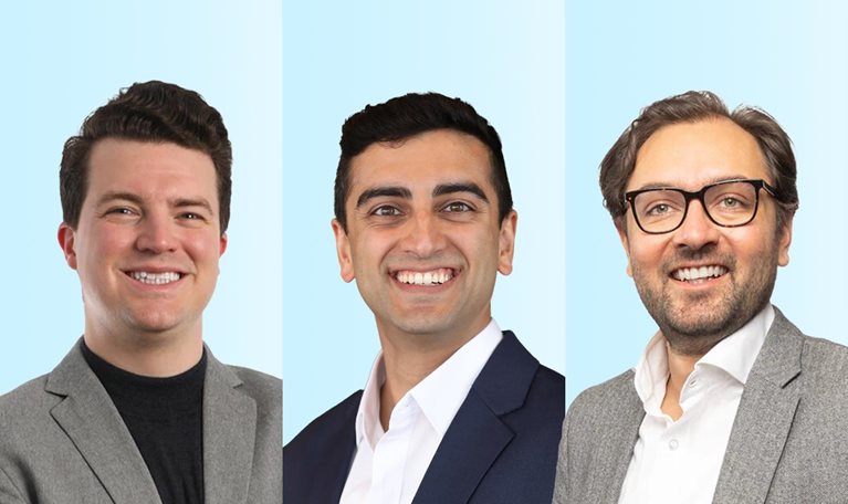 Separate side by side portraits of Alex Wolkomir, Ankit Kapoor and Vaibhav Gujral against a light blue background, each smiling at the camera. They are dressed in business and smart-casual attire.