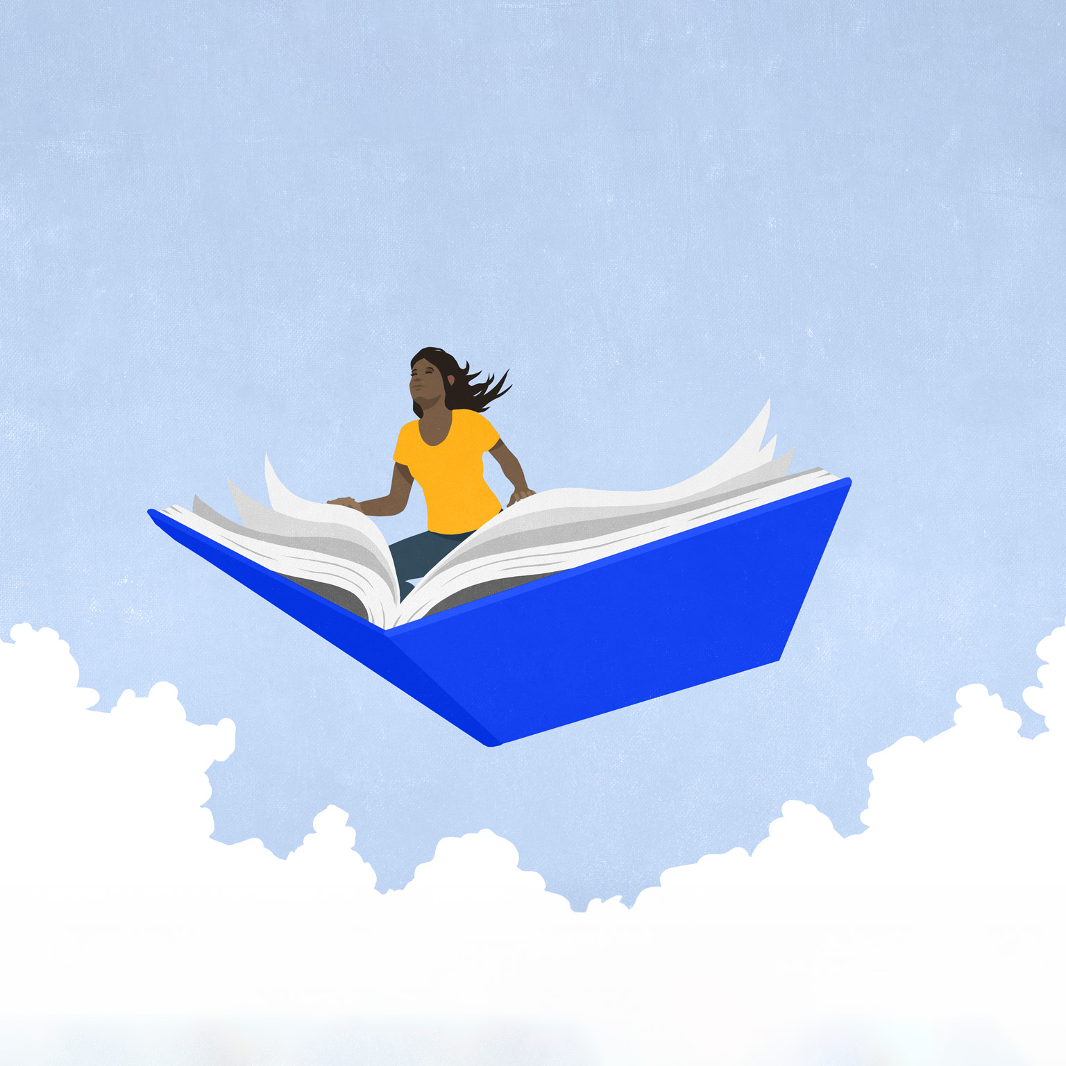 An illustration of a woman sitting on an oversized open blue book as it flys through the sky. The woman leans forward with eyes closed as wind sweeps though her hair. The scene is framed by a blue sky and fluffy white clouds.
