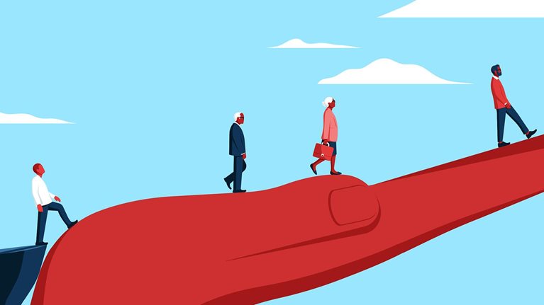An illustration of a hand  reaching out to help people cross a chasm. The hand represents mentorship.
