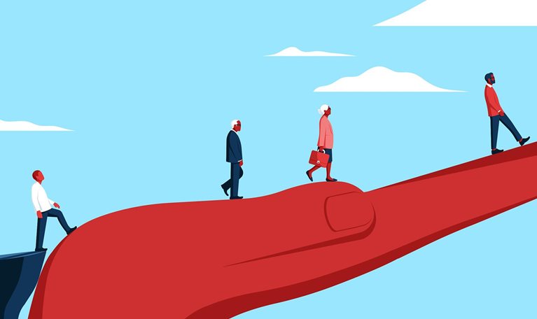 An illustration of a hand  reaching out to help people cross a chasm. The hand represents mentorship.