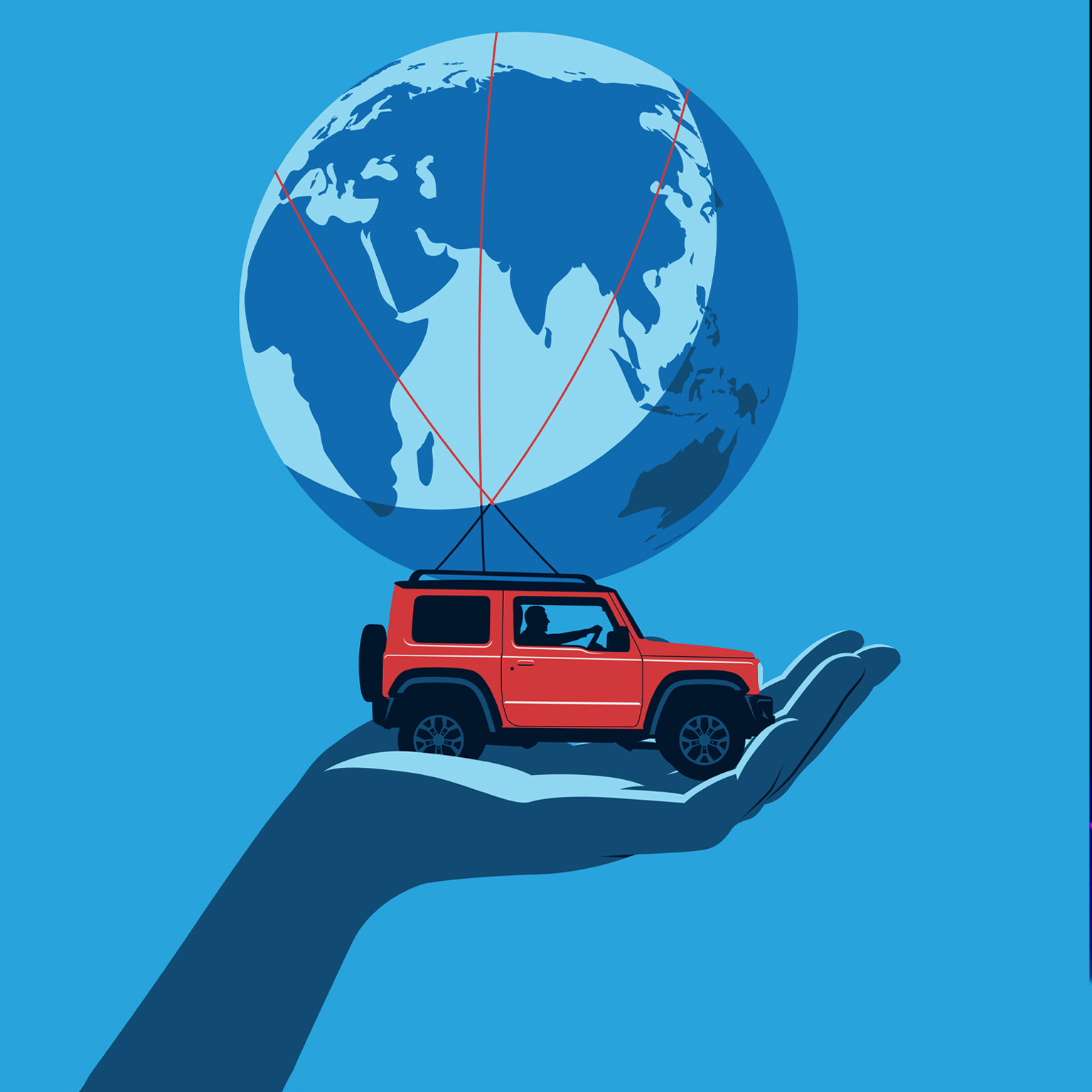 An illustration of a red SUV with a man at the steering wheel, carrying a globe on its roof, rests in a large hand set against a blue background