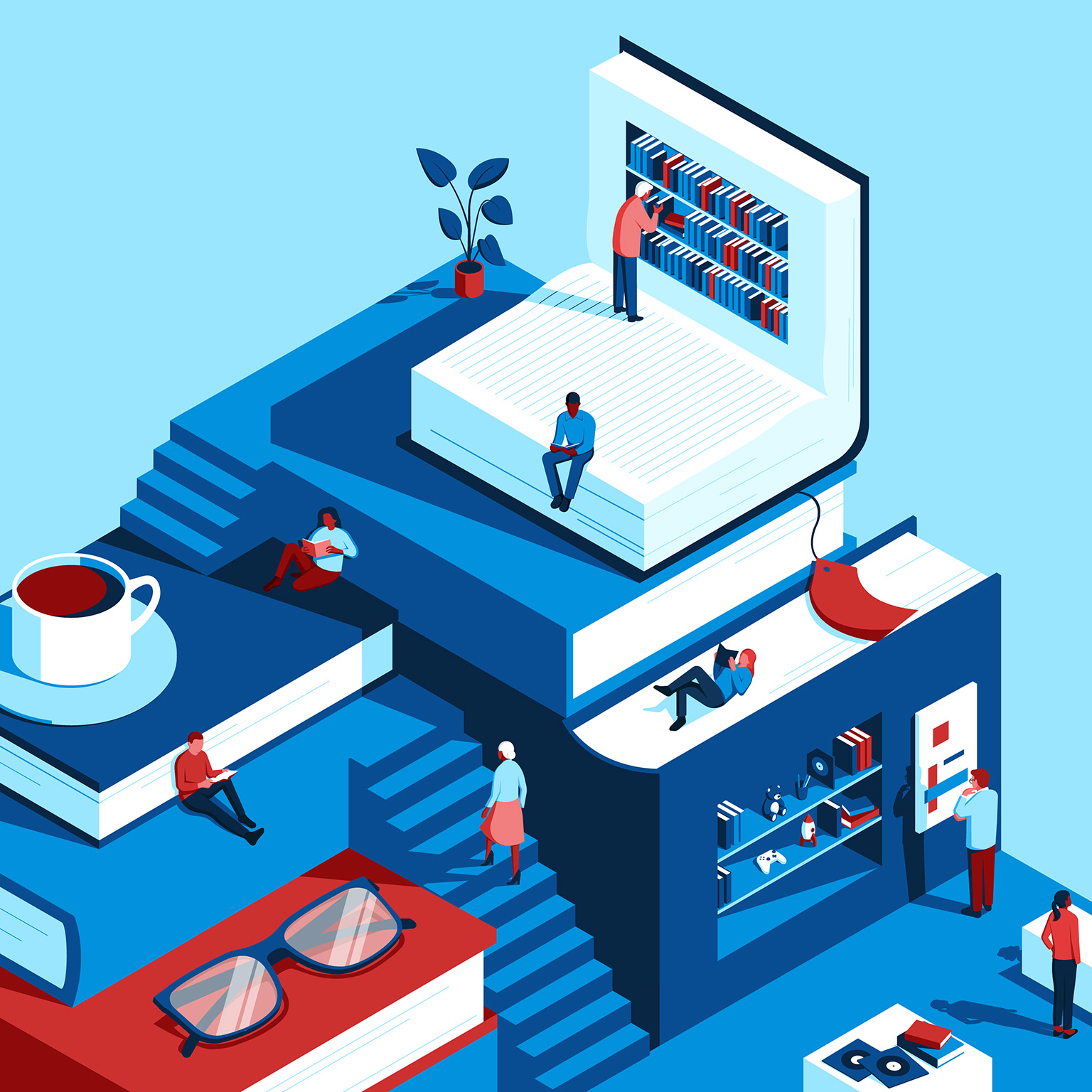 An isometric illustration of books creates a little world for people to relax and read.