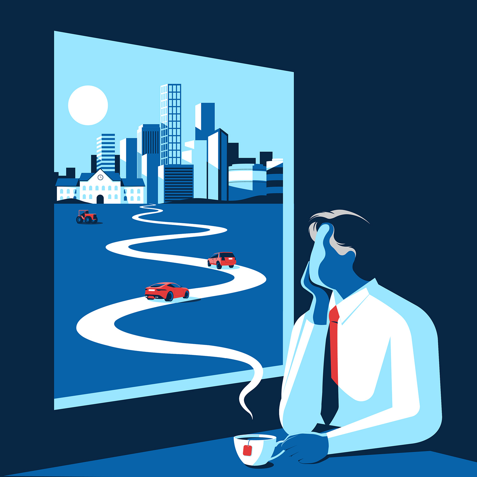 A business man peers out of a window while enjoying a cup of tea. Within the cityscape are cars, a tractor, and a university building.