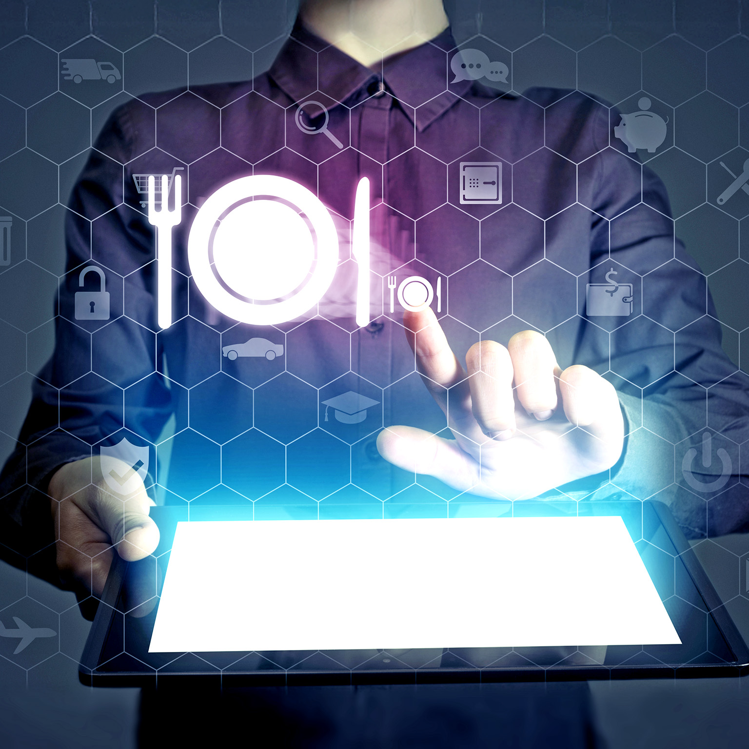 Conceptual close up image of a fine dining waitress placing an order using hologram icons.