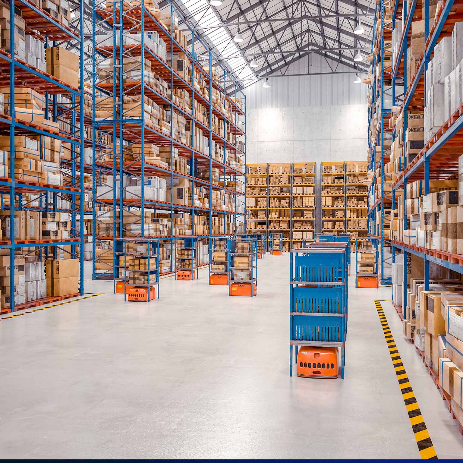 Interior of a modern warehouse where automated goods transport vehicles work. - stock photo