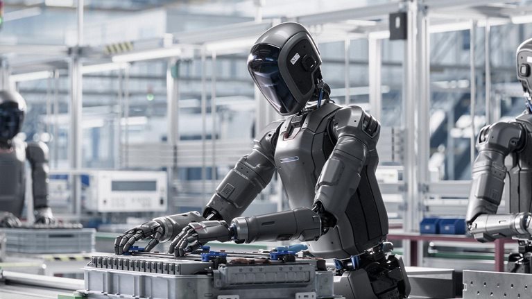 Autonomous AI Powered Humanoid Robot Work at Factory on Assembly Line.