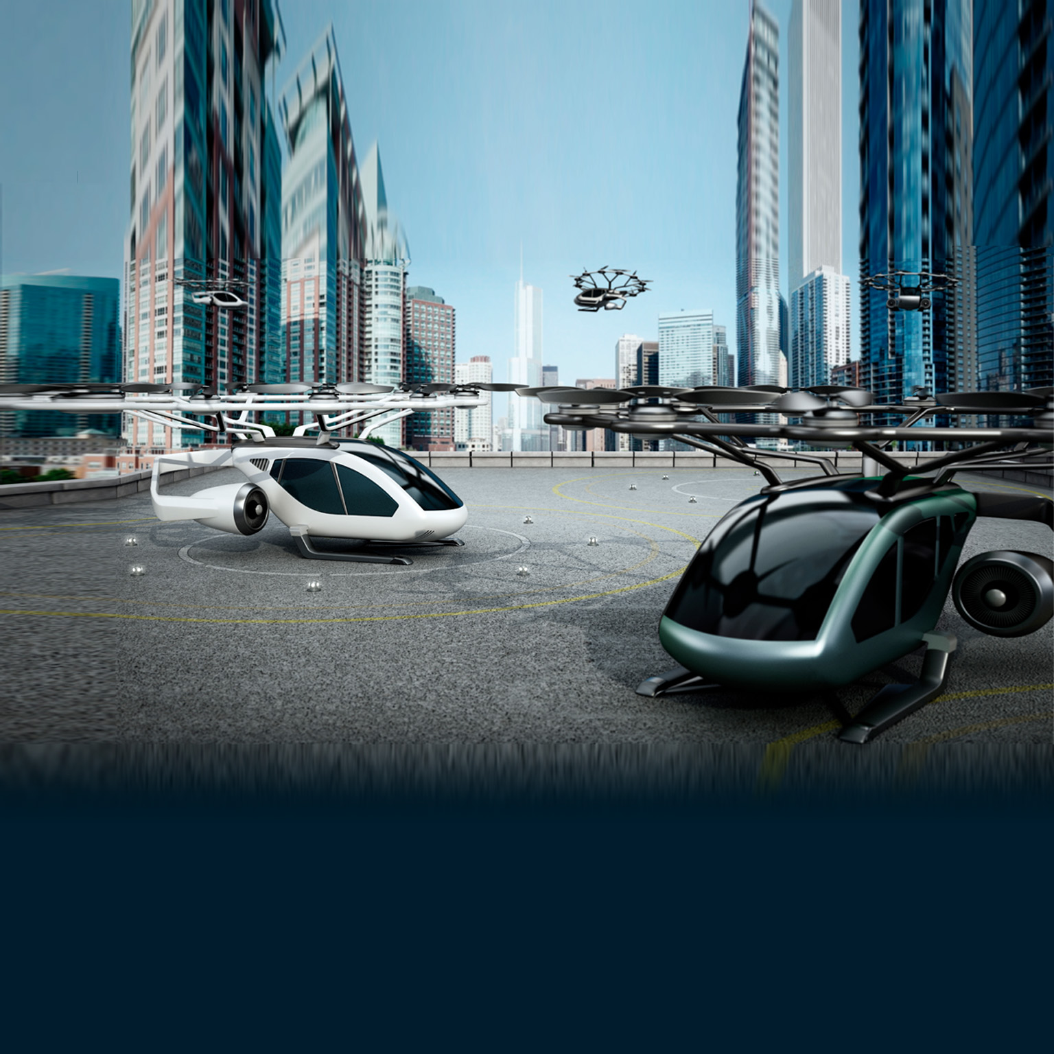 Conceptual eVTOL aircrafts as a taxi/shuttle service at the helipad on top of a building - stock photo