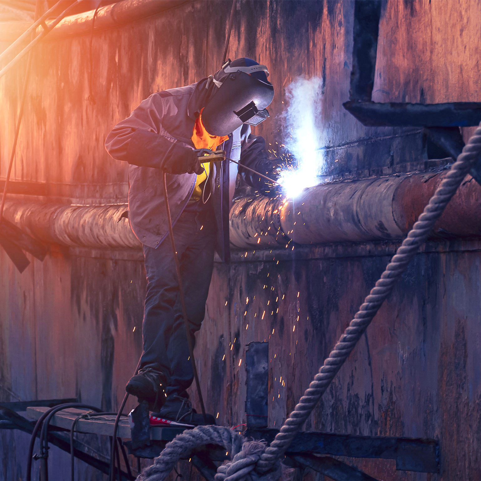 Welder in protective workwear on scaffold is welding the old rusty vessel hull in shipyard area at sunset time