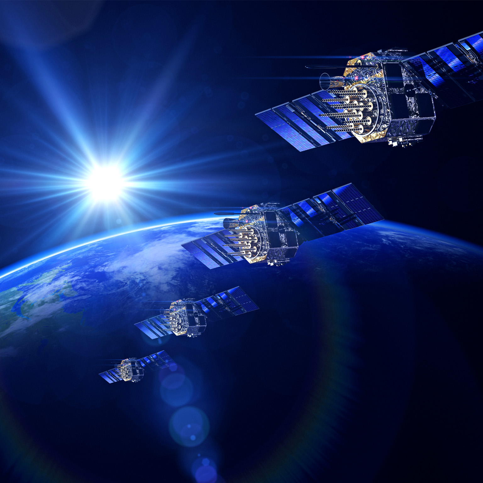 Satellites around the earth, all in blue tone