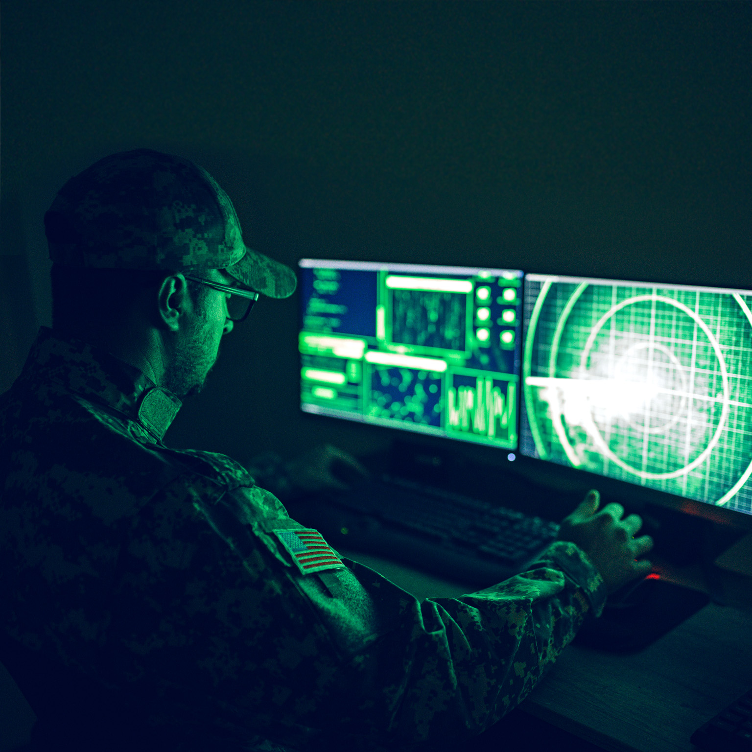 American soldier in headquarter control center