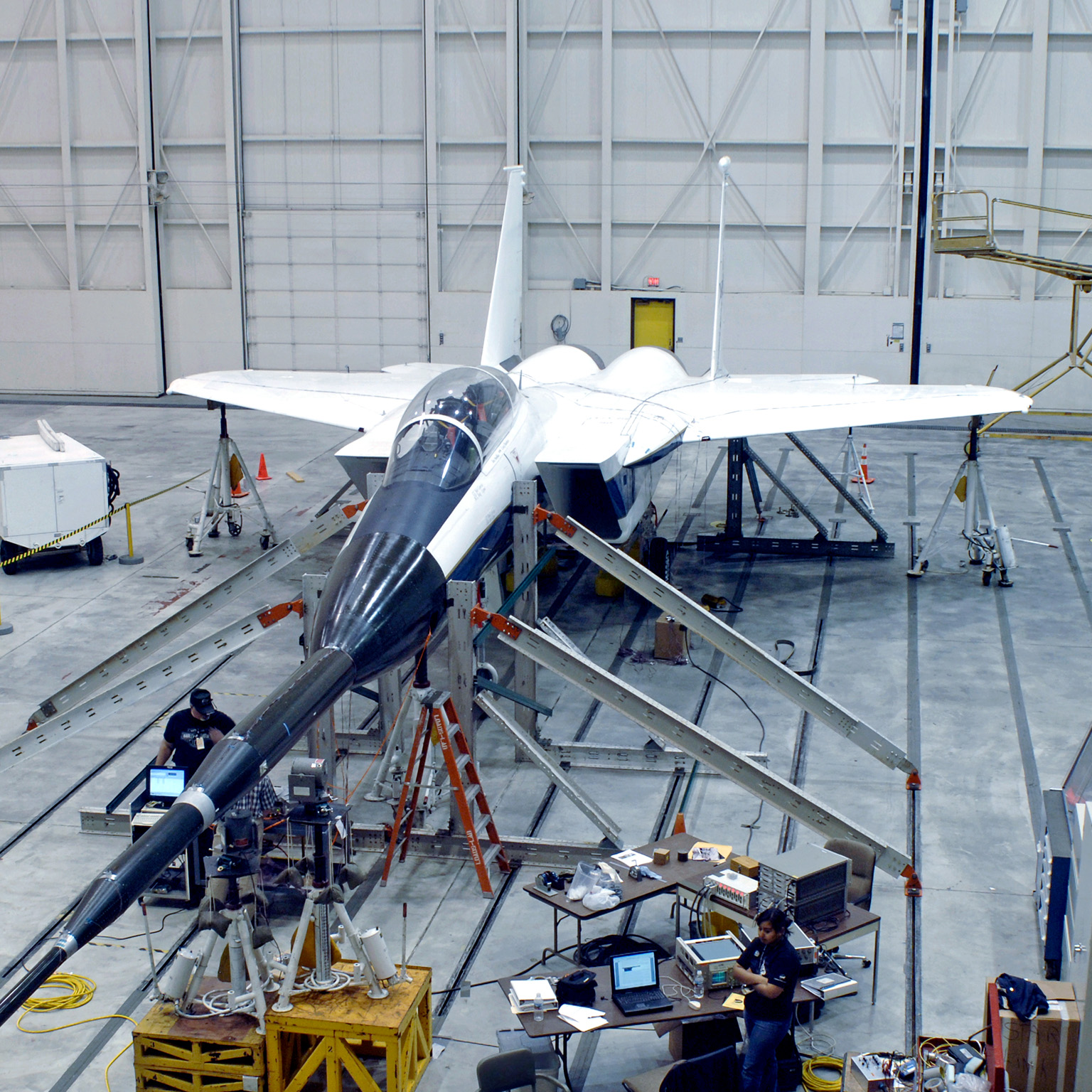 An F-15B testbed aircraft undergoes ground vibration testing