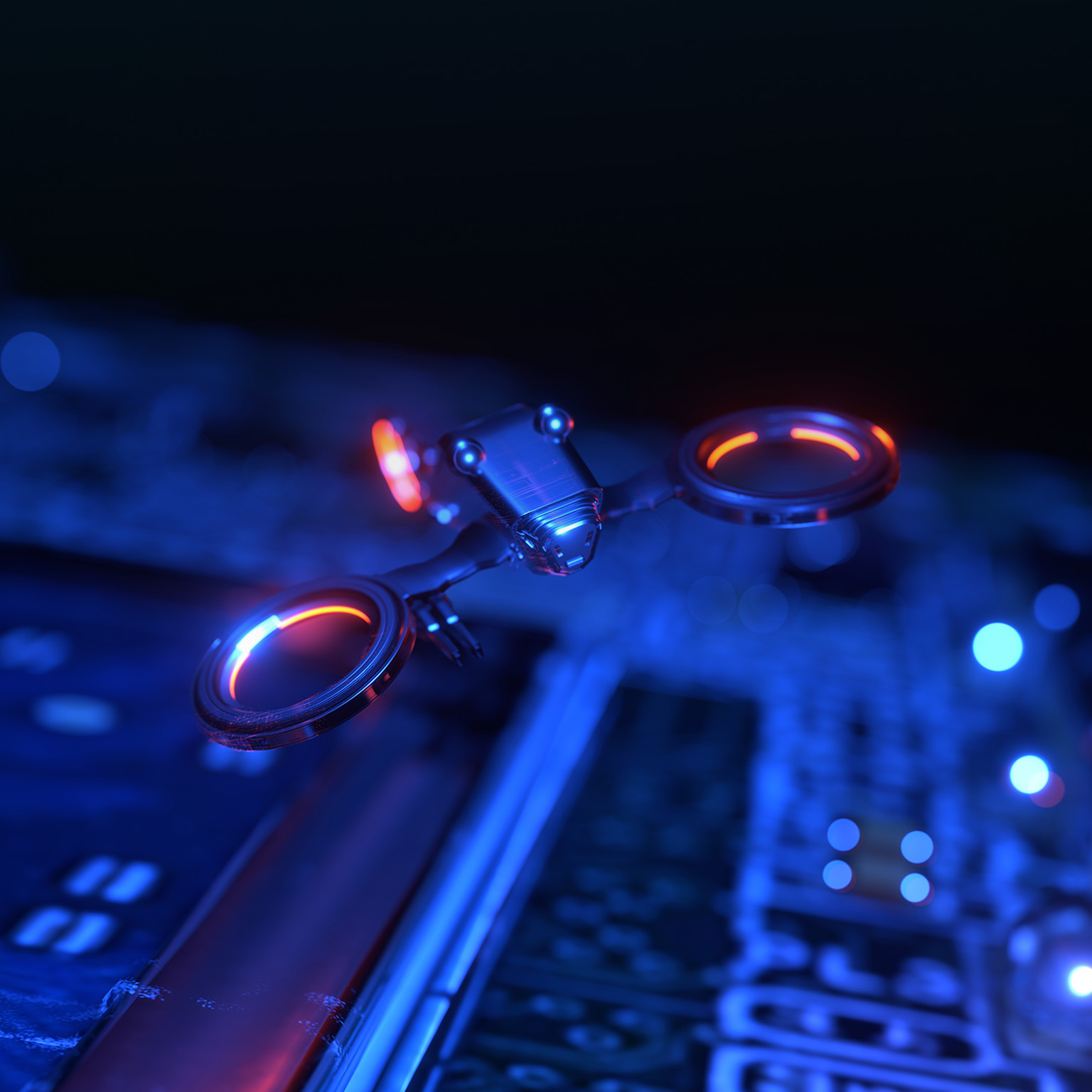 The item shown is a cutting-edge, cyber-style drone illuminated with orange and blue lights.