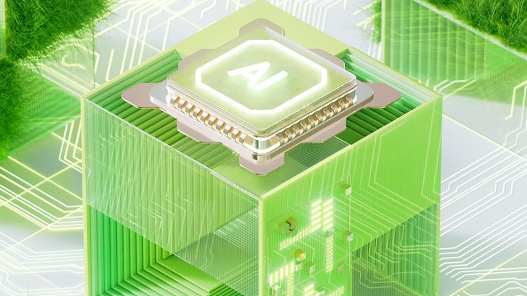 Futuristic microchip and digital data flowing. Merging technology and ecology