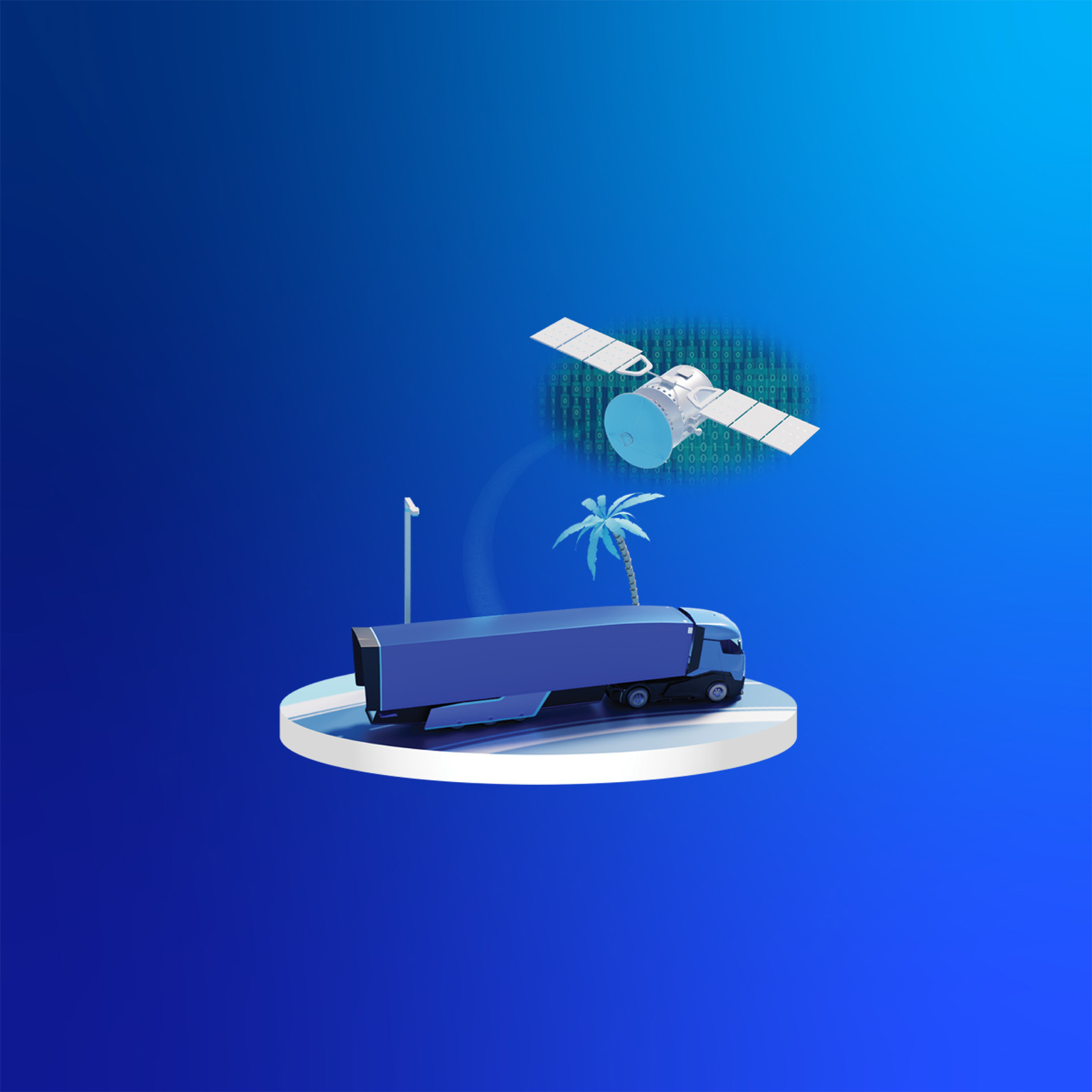 Illustration truck driving on road with satellite overhead
