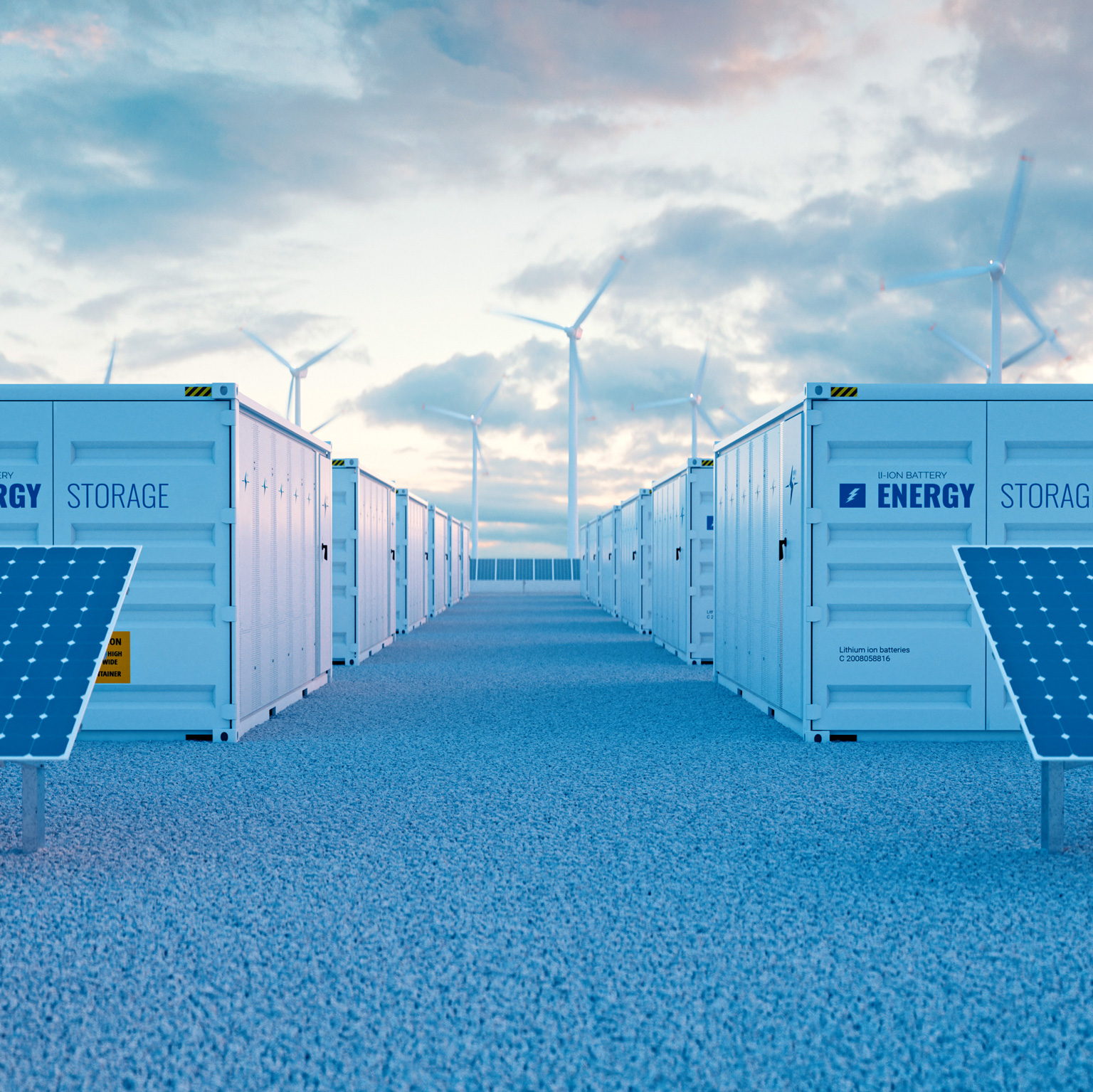 Battery storage power station accompanied by solar and wind turbine power plants.