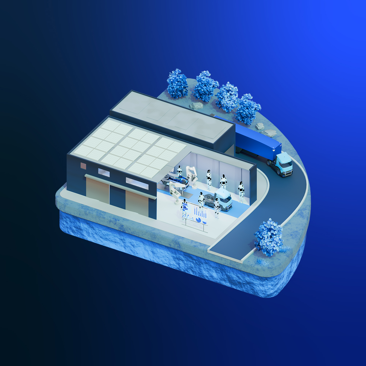 The image shows an isometric 3D illustration of an automated manufacturing and supply chain facility in blue tones, depicting the production and distribution workflow.