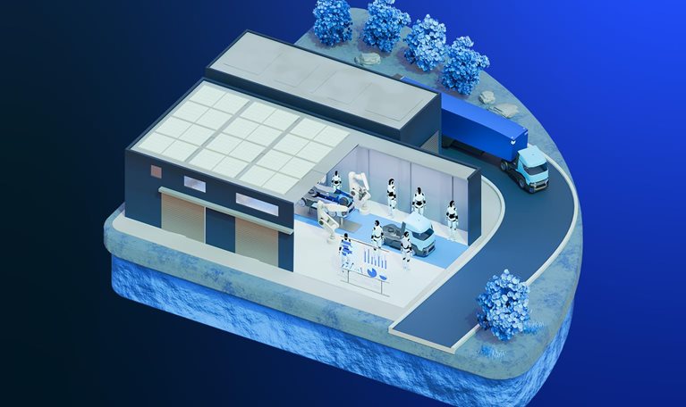 The image shows an isometric 3D illustration of an automated manufacturing and supply chain facility in blue tones, depicting the production and distribution workflow.