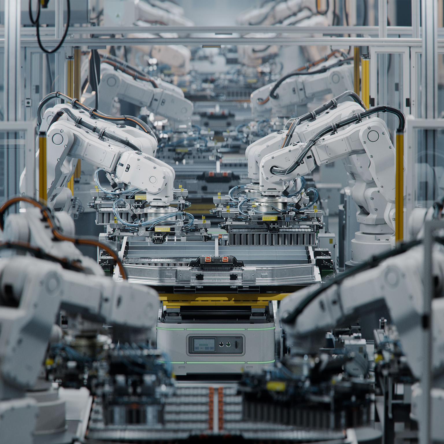 Lithium-Ion EV Battery Pack Production at Large Automated Assembly Line at Bright Factory Equipped With Industrial Robot Arms. Electric Car Manufacturing.