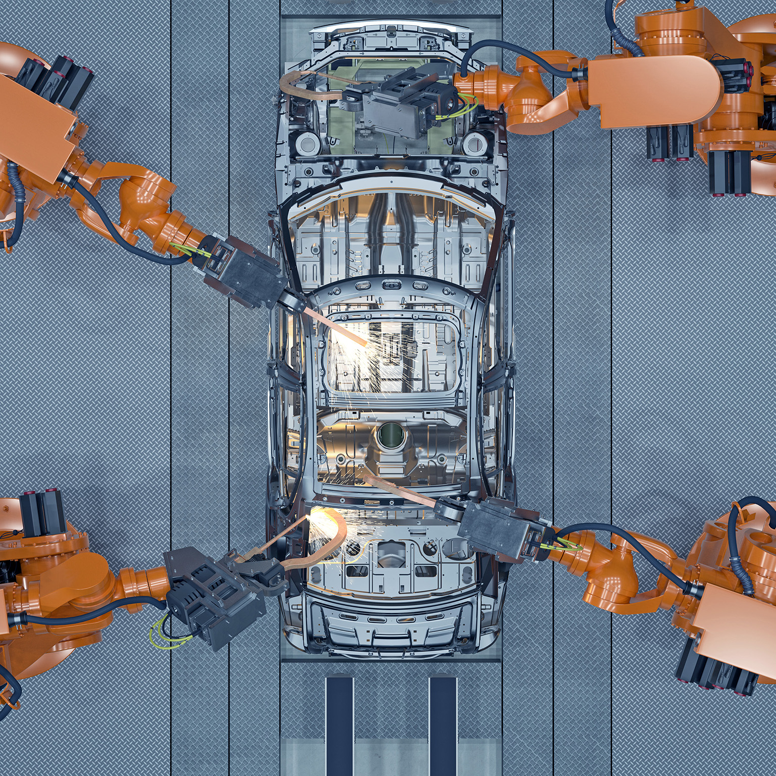 Digital generated image of robots welding a car body on production line