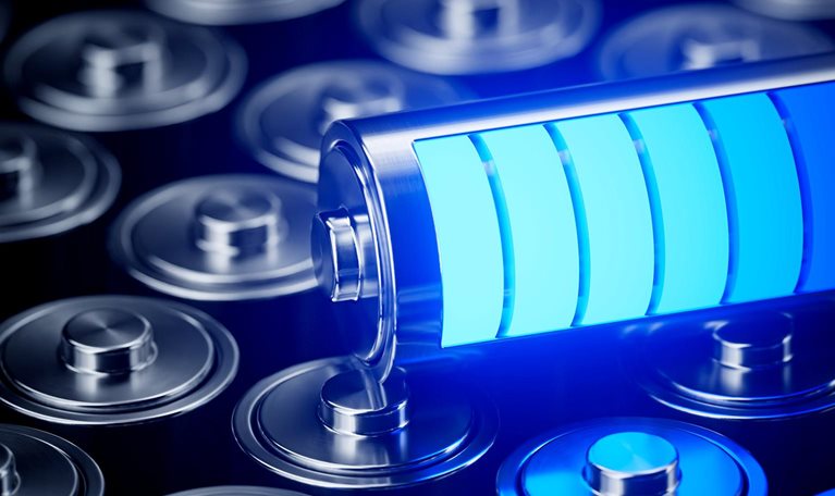 Conceptual image of a battery with blue charge level blocks glowing.