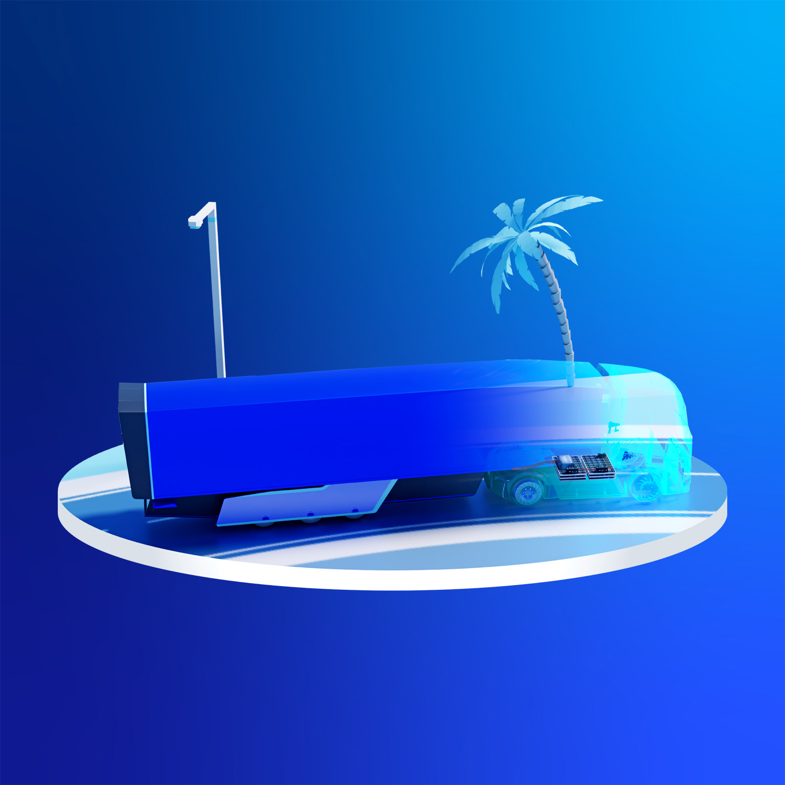 Illustration of truck cruising down road, passing by a palm tree, on the way to a software-centric strategy unlocking new opportunities