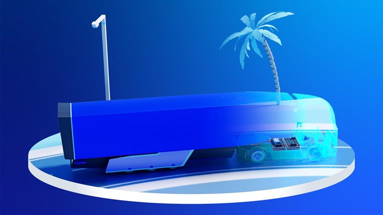 Illustration of truck cruising down road, passing by a palm tree, on the way to a software-centric strategy unlocking new opportunities