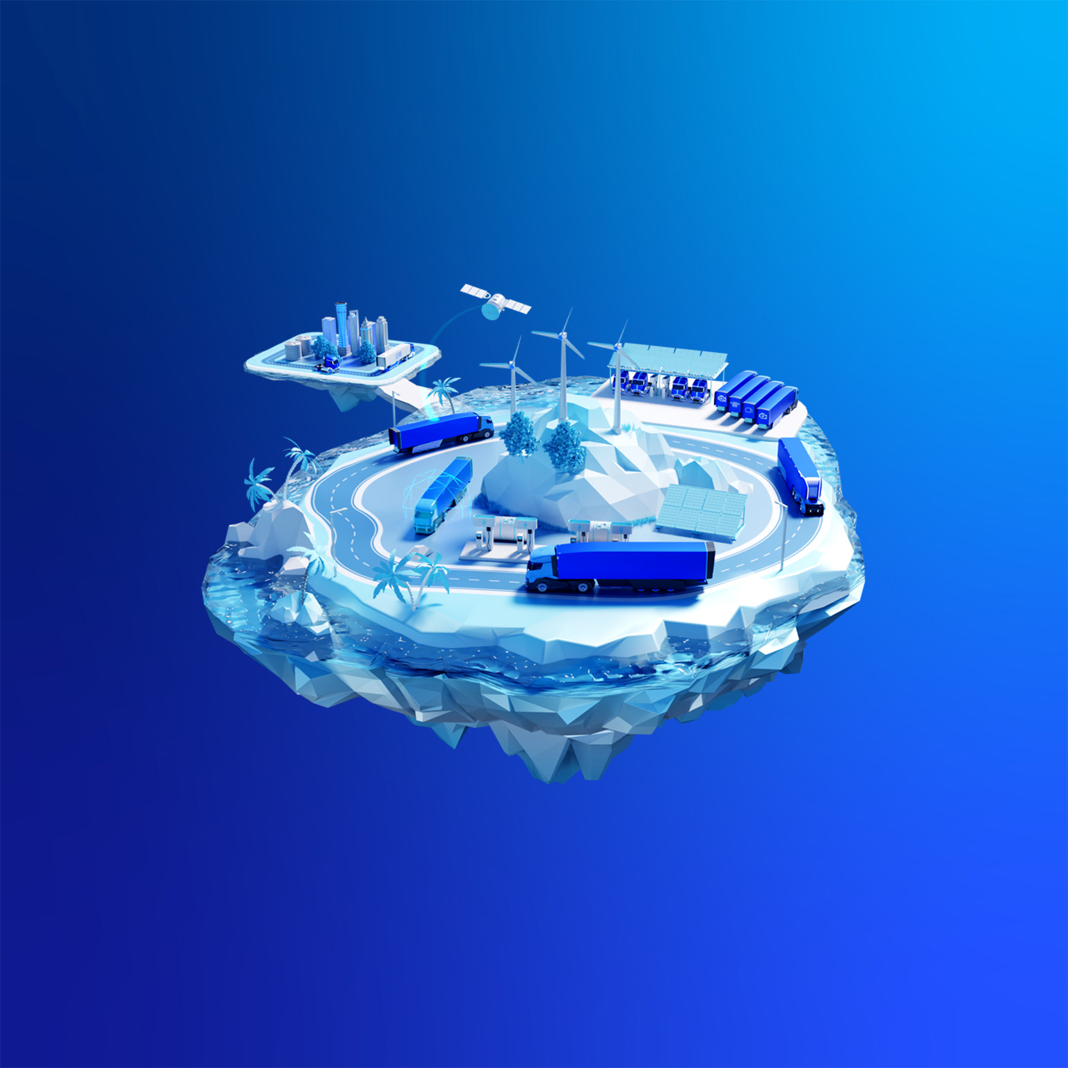 Illustration of trucks traveling around a road powered by various sustainable energy sources