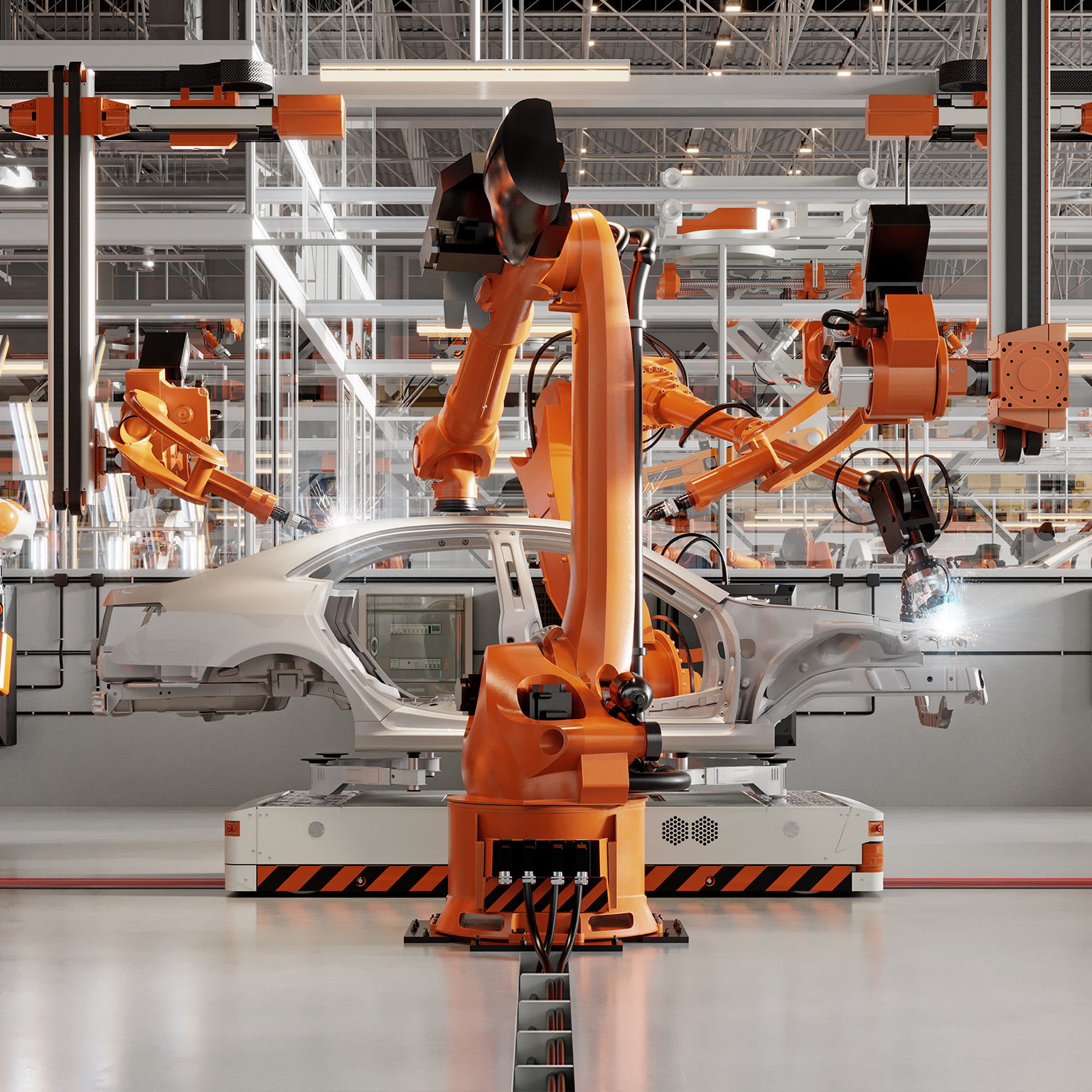 3d render of automatic car production line with robotic arms welding parts - stock photo